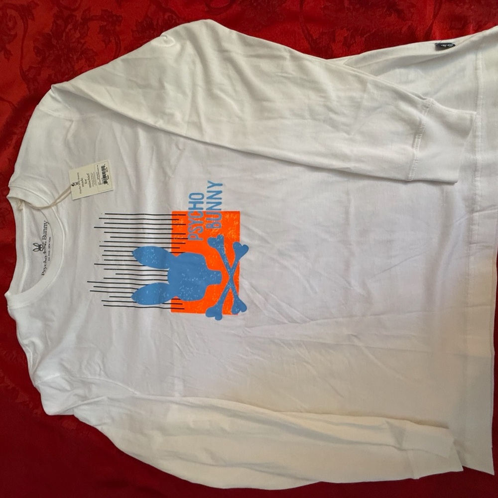 Psycho Bunny White Long Sleeve Tee with Blue and Orange Logo